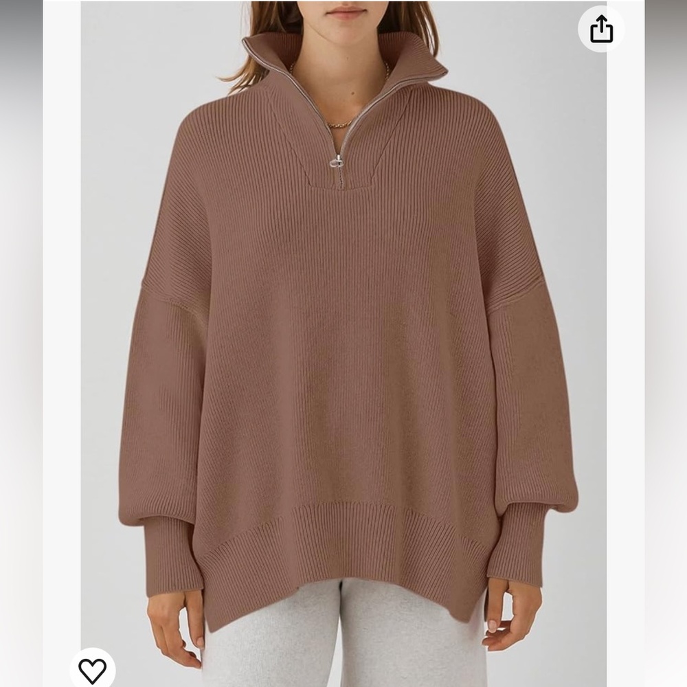 Relaxed Ribbed Half-Zip Turtleneck Sweater - Mauve Brown